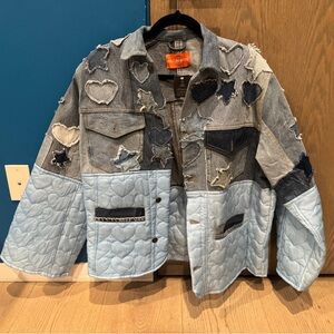 NWT Urban Renewal Patchwork Denim Jacket with Heart and Star Accents